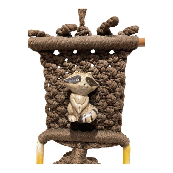 Vintage 1970’d Macrame Towel Holder With Racoon - Picture 2 of 5